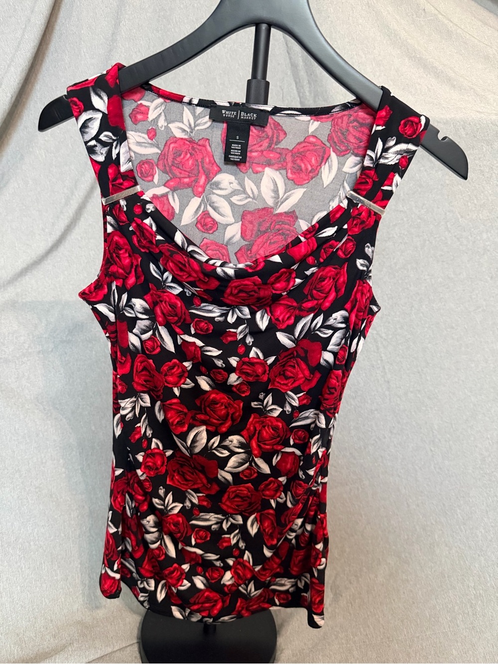 White House Black Market Black Tank with Red Rose Print